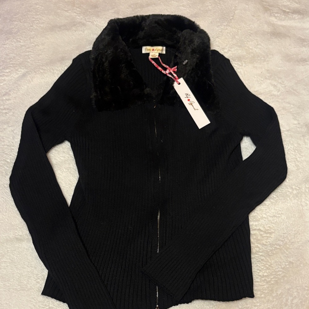 Black Sweater with Faux Fur Collar